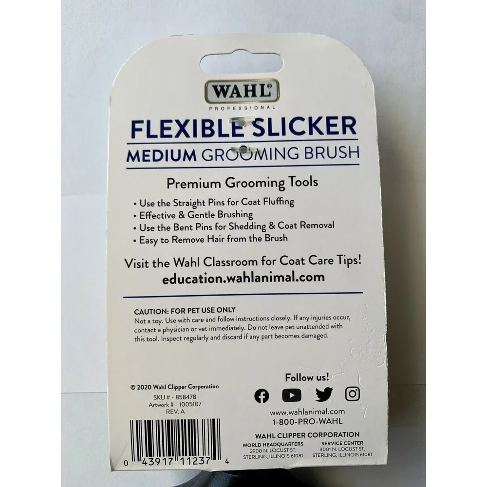 NEW Wahl Flexible Double-Sided Slicker Medium Grooming Brush Dogs 858478 NWT